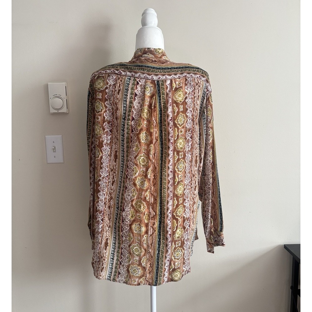 Vintage 80s Adolfo Expressions Womens Medium SILK Button Up‎ Top Brown Blue - Picture 5 of 6